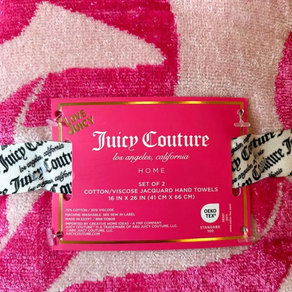 Juicy Couture Pink Bows Hearts Towel Set- 2 Hand & 2 Bath Towels Cotton NEW